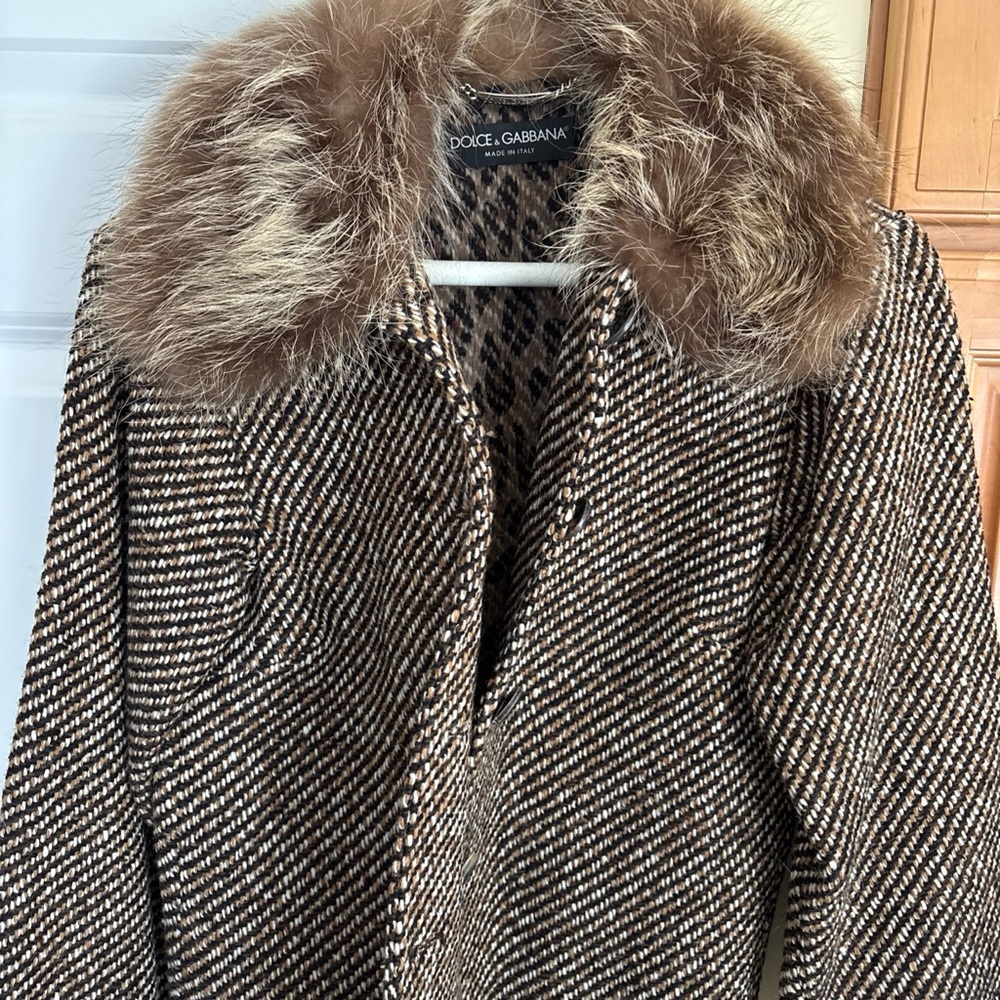 Authentic Dolce & Gabbana Brown Houndstooth Jacket with Fur Collar